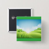 Zonnig groen veld landschap vierkante button 5,1 cm (Voorkant /achterkant)