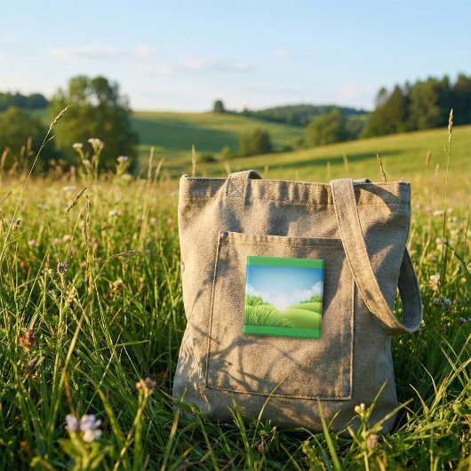 Zonnig groen veld landschap vierkante button 5,1 cm