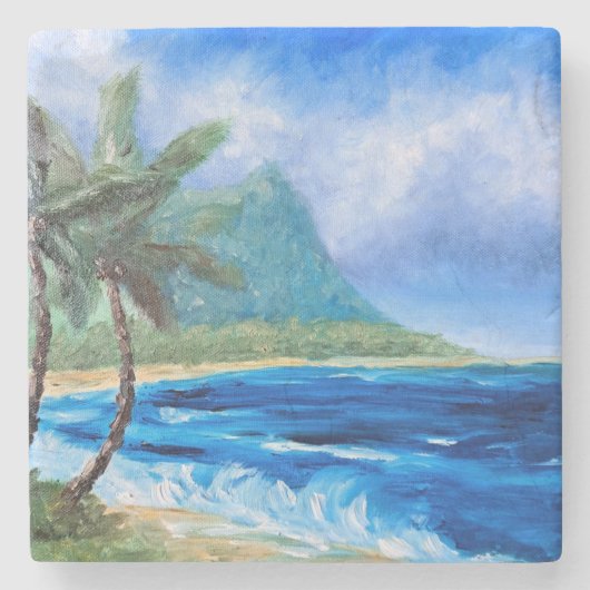 Zonnig Hawaii Beach Schilderij Tropisch Paradijs P Stenen Onderzetter (Voorkant)