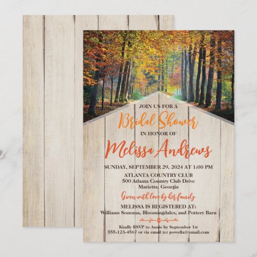 Zonnig Herfstbos, Houtnerf Bruidsdouche Kaart (Voorkant / Achterkant)