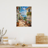 Zonnig mediterraan balkon zeezicht kunst poster (Keuken)