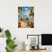 Zonnig mediterraan balkon zeezicht kunst poster (Thuiskantoor)