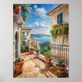 Zonnig mediterraan balkon zeezicht kunst poster