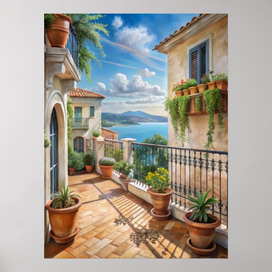 Zonnig mediterraan balkon zeezicht kunst poster (Voorkant)