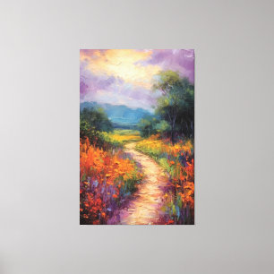 Zonnig pad door wildbloem veld olieverfschilderij canvas afdruk