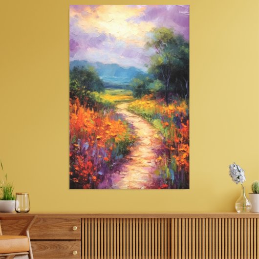 Zonnig pad door wildbloem veld olieverfschilderij canvas afdruk (Insitu (Woonkamer))