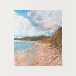 Zonnig Strand Dag Blauwe Hemel Puffy Wolken Schild Wandkleed