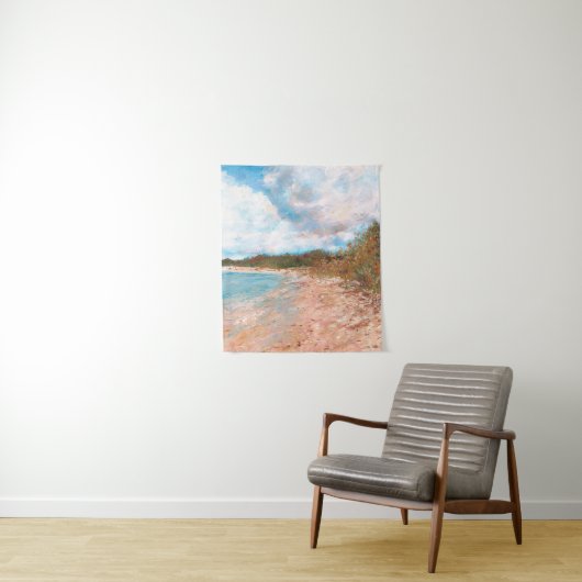 Zonnig Strand Dag Blauwe Hemel Puffy Wolken Schild Wandkleed (In situ)