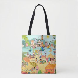 Zonnig strand stad met een gelukkige vakantie toer tote bag
