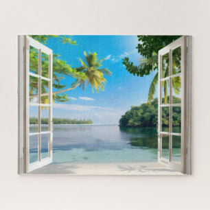 Zonnig strand uitzicht vanuit het raam legpuzzel