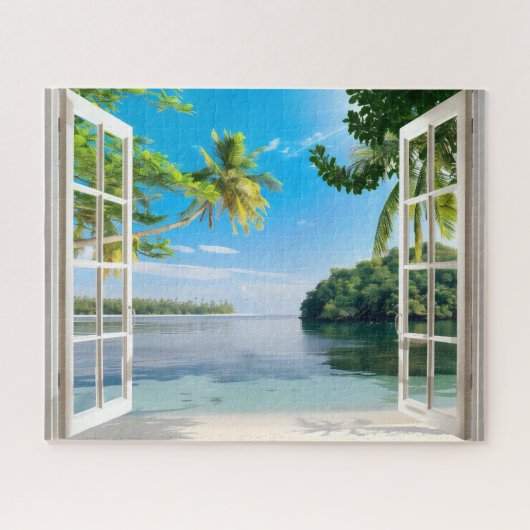 Zonnig strand uitzicht vanuit het raam legpuzzel (Horizontaal)