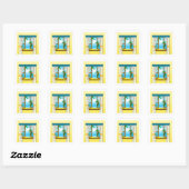 Zonnig strandgezicht door open raam vierkante sticker (Vel)