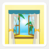 Zonnig strandgezicht door open raam vierkante sticker (Voorkant)