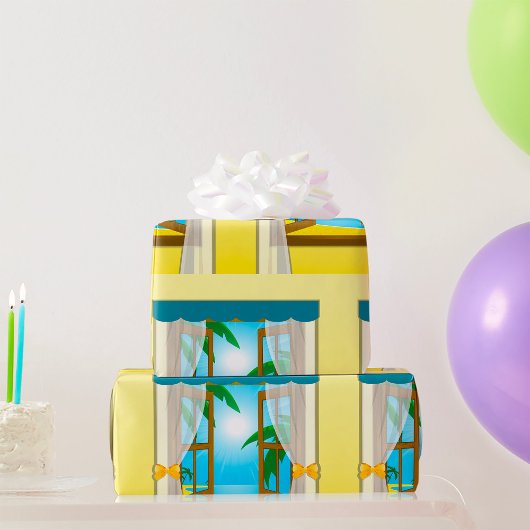 Zonnig strandzicht door open raam cadeaupapier