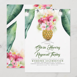 Zonnige Ananas Bloemen Zomer Vaas Strand Bruiloft Kaart