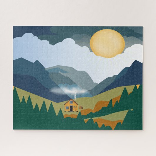 Zonnige bergvallei blokhut legpuzzel (Horizontaal)