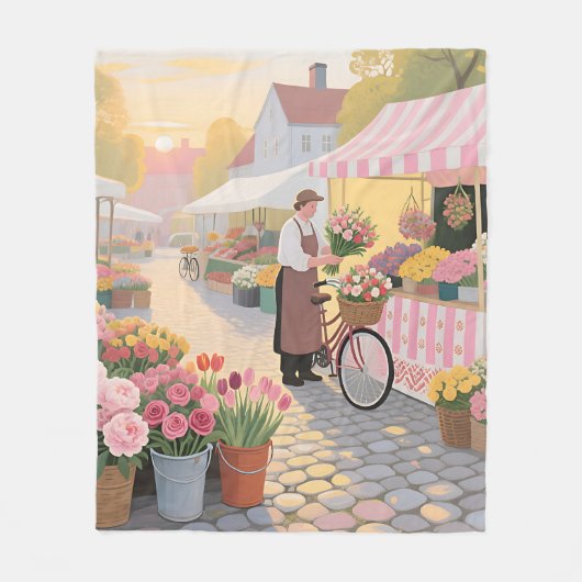 Zonnige bloemenstraat scène fleece deken (Voorkant)
