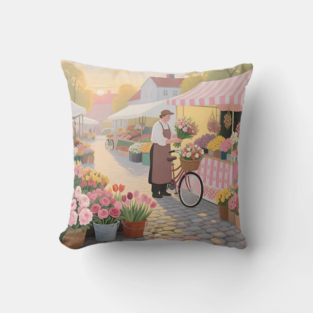 Zonnige bloemenstraat scène kussen (Voorkant)