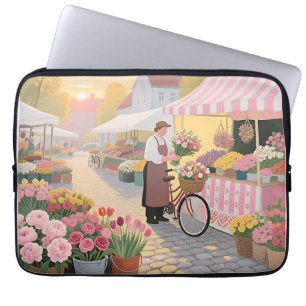 Zonnige bloemenstraat scène laptop sleeve