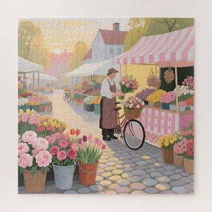 Zonnige bloemenstraat scène legpuzzel