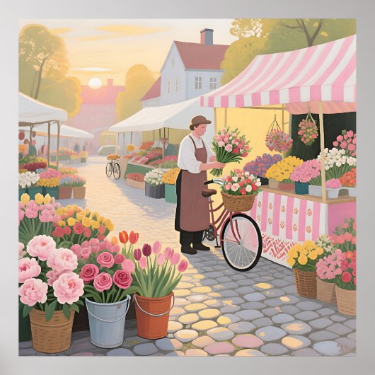 Zonnige bloemenstraat scene poster (Voorkant)