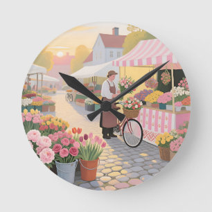 Zonnige bloemenstraat scène ronde klok
