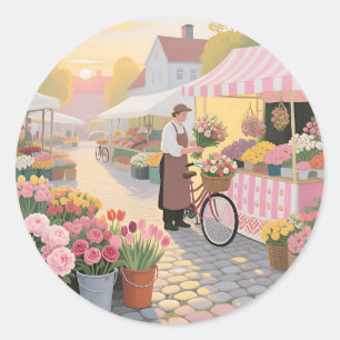 Zonnige bloemenstraat scene ronde sticker