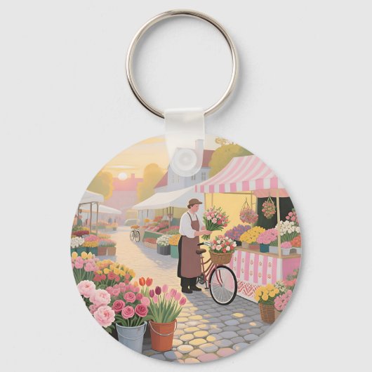 Zonnige bloemenstraat scène sleutelhanger (Voorkant)