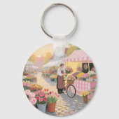 Zonnige bloemenstraat scène sleutelhanger (Achterkant)