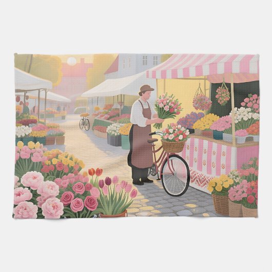 Zonnige bloemenstraat scène theedoek (Horizontaal)