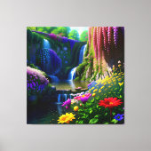 Zonnige bloemrijke waterval mooi landschap canvas afdruk (Voorkant)