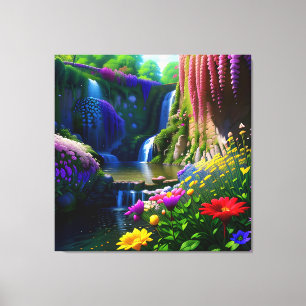Zonnige bloemrijke waterval mooi landschap canvas afdruk