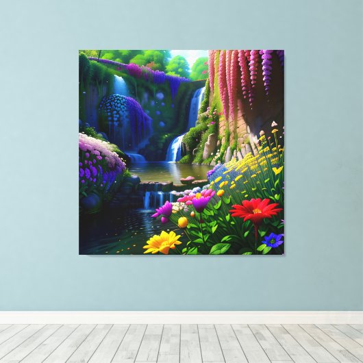 Zonnige bloemrijke waterval mooi landschap canvas afdruk (Insitu (Houten vloer))