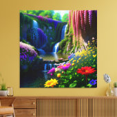 Zonnige bloemrijke waterval mooi landschap canvas afdruk (Insitu (Woonkamer))