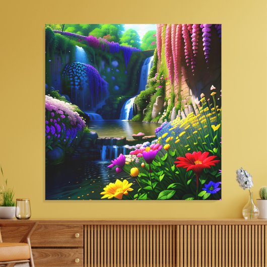 Zonnige bloemrijke waterval mooi landschap canvas afdruk (Insitu (Woonkamer))