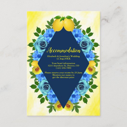 Zonnige citroen bloemenbruiloft accommodatie informatiekaartje (Voorkant)