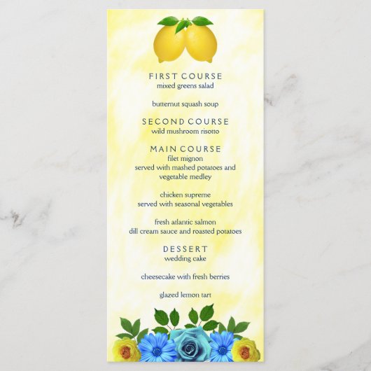 Zonnige citroen bloemenbruiloft menu (Voorkant)