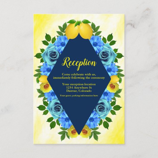 Zonnige citroen bloemenbruiloft receptie informatiekaartje (Voorkant)