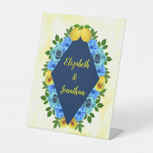 Zonnige citroen bloemenbruiloft reclamebord met voetstuk