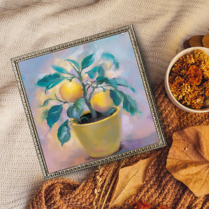 Zonnige Citrus: Citroenboom in een gele pot Foto Afdruk