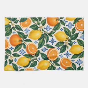 Zonnige citrus en blauwe tuintegels theedoek
