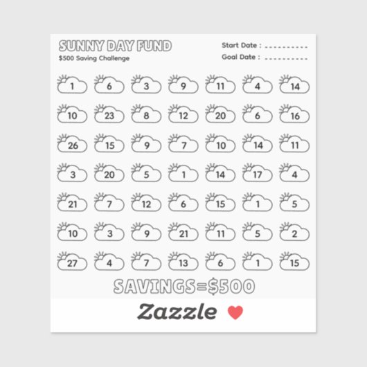 Zonnige Dag Fonds 500$ Besparingsuitdaging Budget Sticker (Vel)