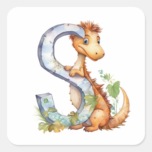 Zonnige dinosaurus en de letter S Vierkante Sticker (Voorkant)