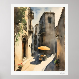 Zonnige dorpssteeg kunstprint, klinkerstraat poster