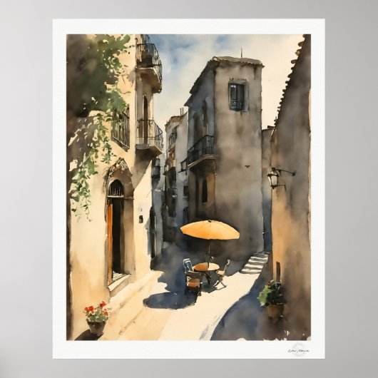 Zonnige dorpssteeg kunstprint, klinkerstraat poster (Voorkant)