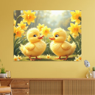 Zonnige Eendjes Duo Tussen Narcissen Canvas Afdruk