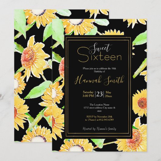  - zonnige en zwarte zonnebloemen - Waterverf Verf Kaart (Voorkant / Achterkant)