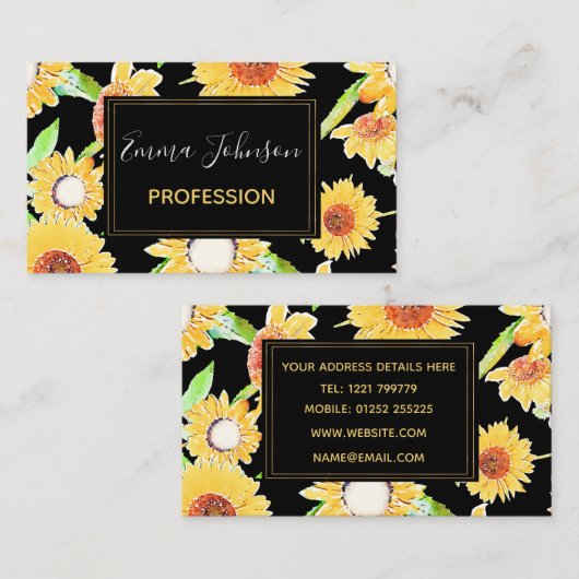  - zonnige en zwarte zonnebloemen - Waterverf Verf Visitekaartje (Voorkant / Achterkant)