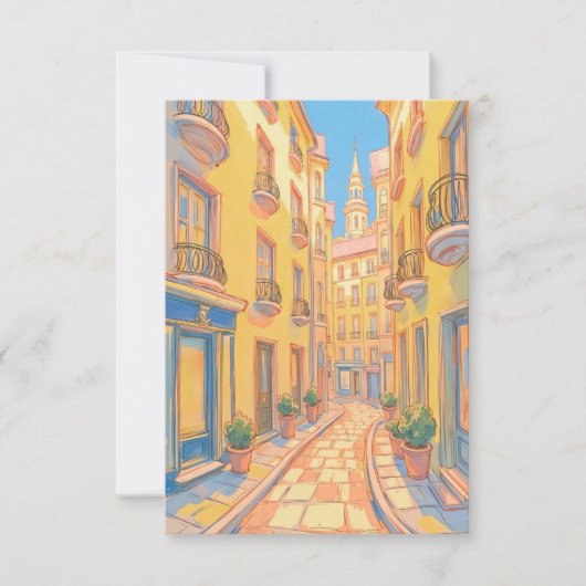 Zonnige Europese straat Gezellige Architectuur Rei Notitiekaartje (Voorkant)