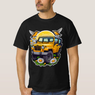 Zonnige gele 4x4-vrachtwagen met madeliefjes en vo t-shirt
